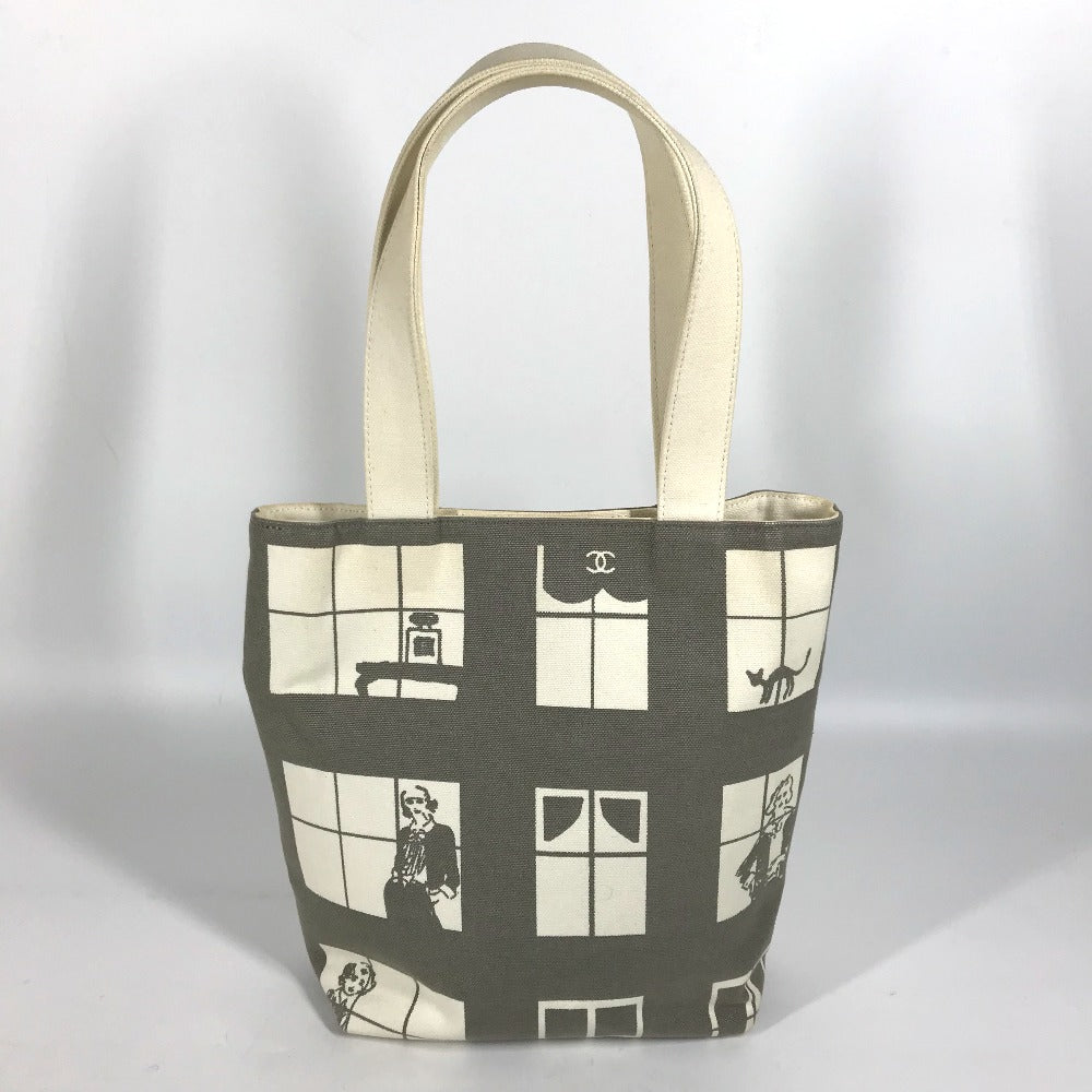 CHANEL ウインドウズライン ハンドバッグ トートバッグ カバン ショルダーバッグ キャンバス レディース グレー×ホワイト