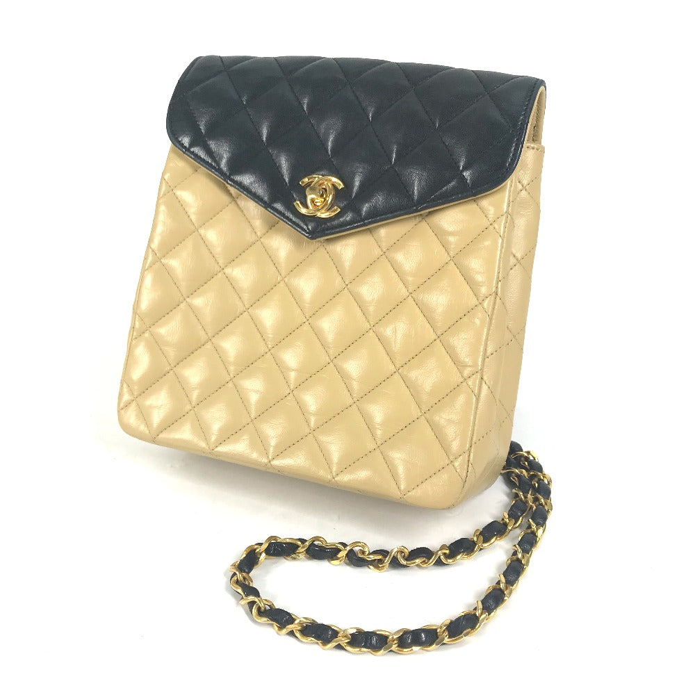 CHANEL バイカラー CC ココマーク マトラッセ キルティング チェーンバッグ 肩掛け ショルダーバッグ ラムスキン レディース ベージュ