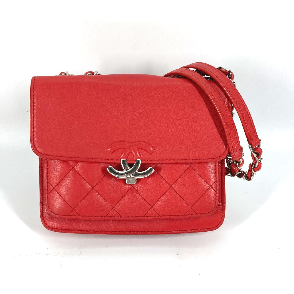 CHANEL Wチェーン ダブル CC ココマーク マトラッセ キルティング チェーンバッグ カバン 斜め掛け ショルダーバッグ レザー レディース レッド