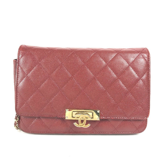 CHANEL CC ココマーク ココロック チェーンウォレット ショルダーバッグ 肩掛け 斜め掛け ポシェット 長財布 キャビアスキン レディース レッド×ゴールド金具