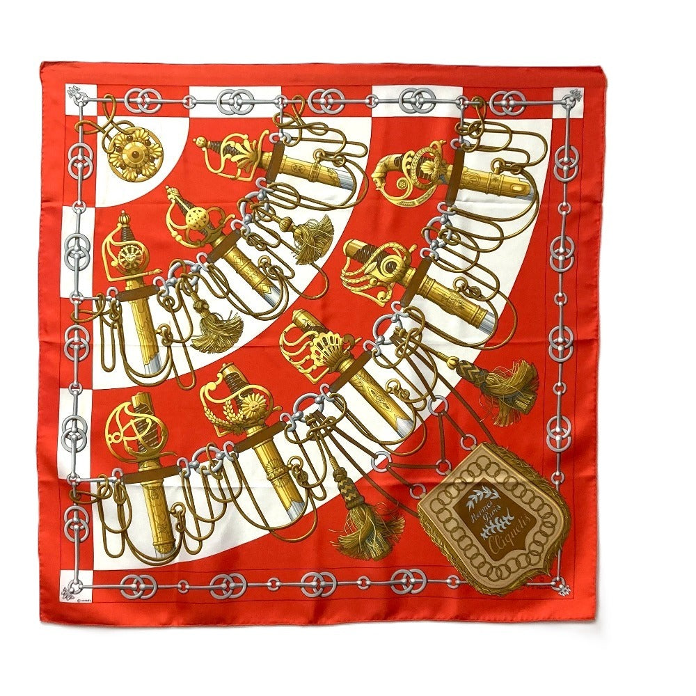 HERMES カレ90 Cliquetis カチカチ 剣柄 スカーフ シルク レディース オレンジ