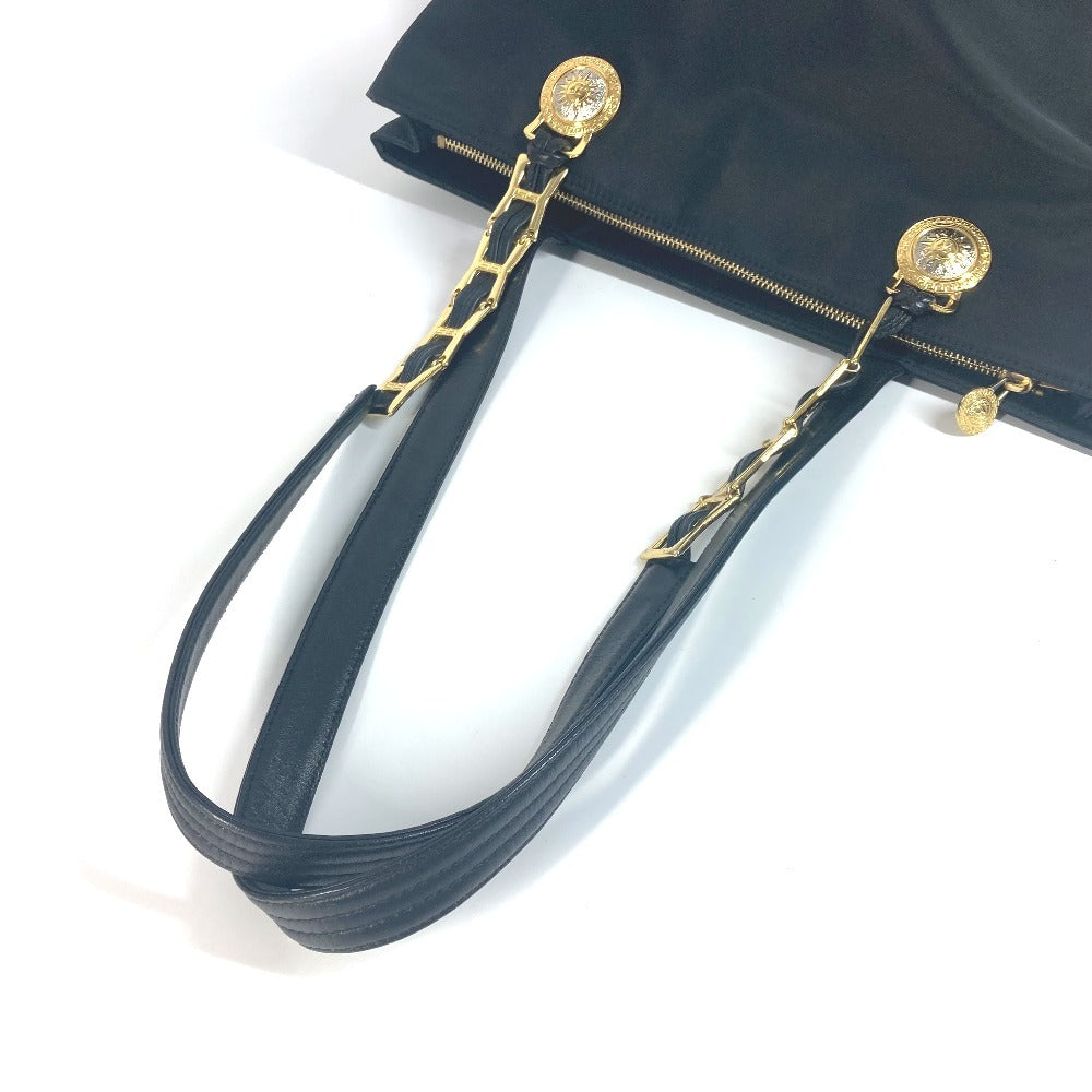 VERSACE Vintage Sunburst Sun God Tote Bag, Nylon Shoulder Bag with Chain, Black, Women's