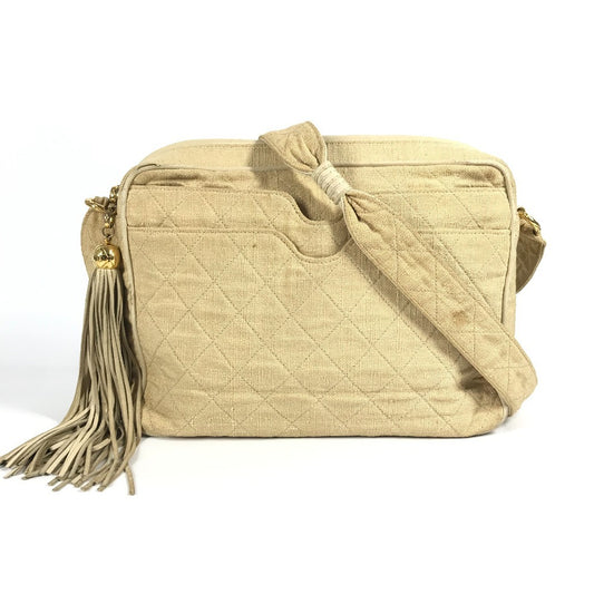 CHANEL ヴィンテージ ロゴ マトラッセ キルティング フリンジ タッセル カバン 斜め掛け ココボール タッセル ショルダーバッグ キャンバス レディース ベージュ