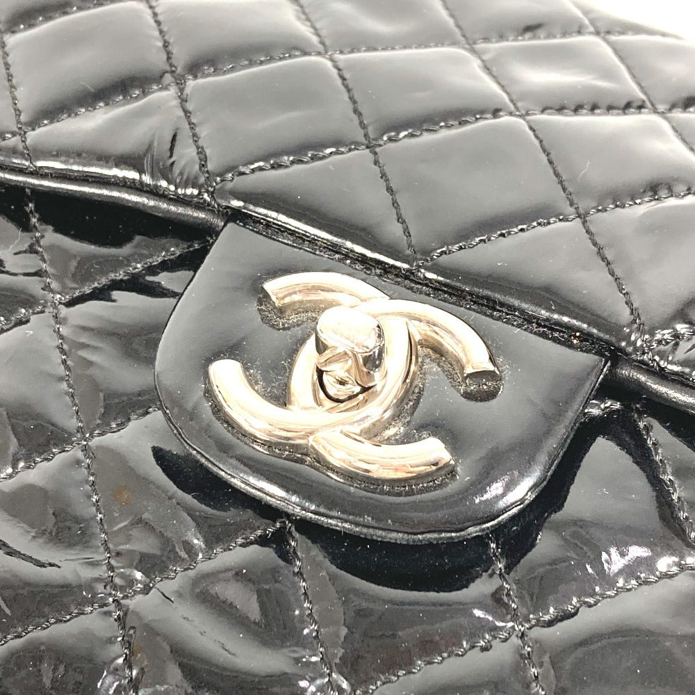CHANEL CC ココマーク ロゴ 縦型 アップサイドダウン マトラッセ Wチェーン カバン 肩掛け フラップ ショルダーバッグ エナメル レディース ブラック