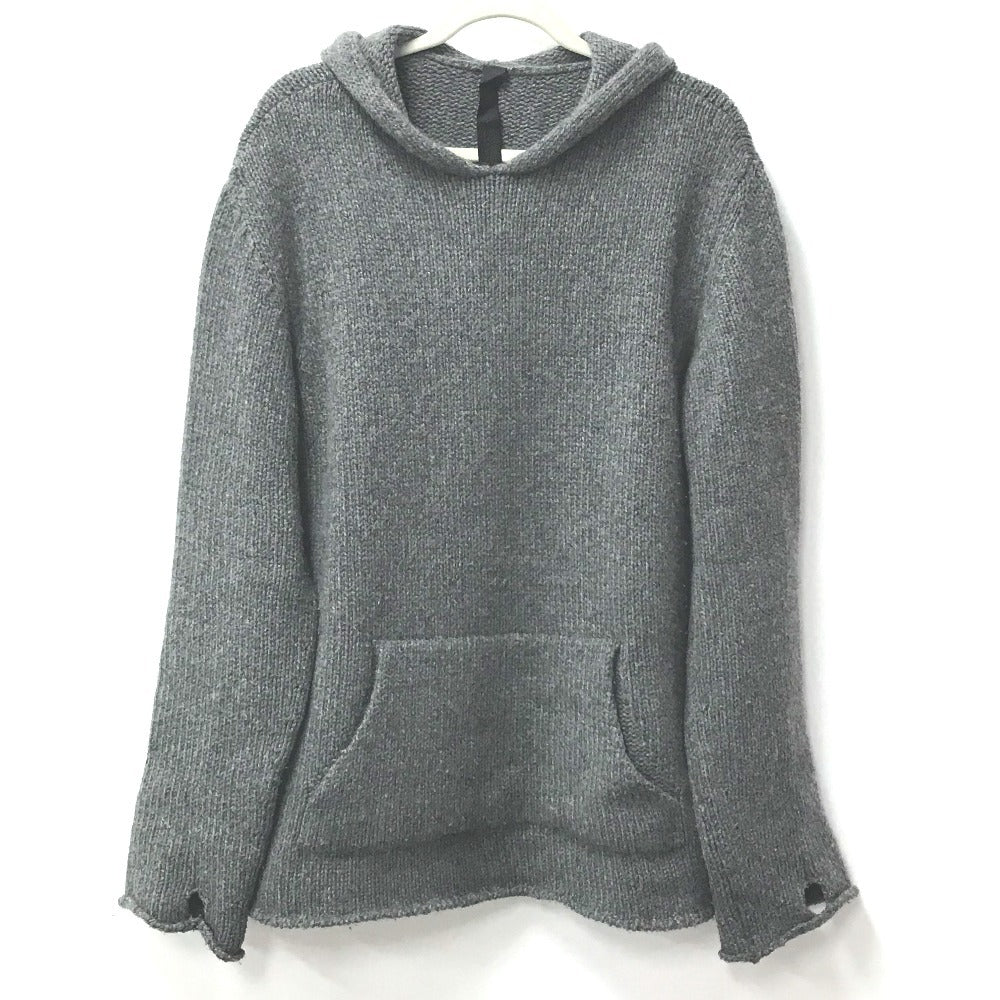CHROME HEARTS Men's Gray Cashmere Hoodie with Leather Patch, Tag, and Cross Stitch. Long Sleeve Knit.