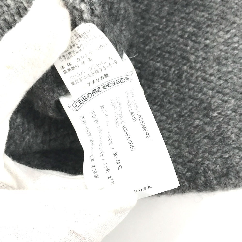 CHROME HEARTS Men's Gray Cashmere Hoodie with Leather Patch, Tag, and Cross Stitch. Long Sleeve Knit.
