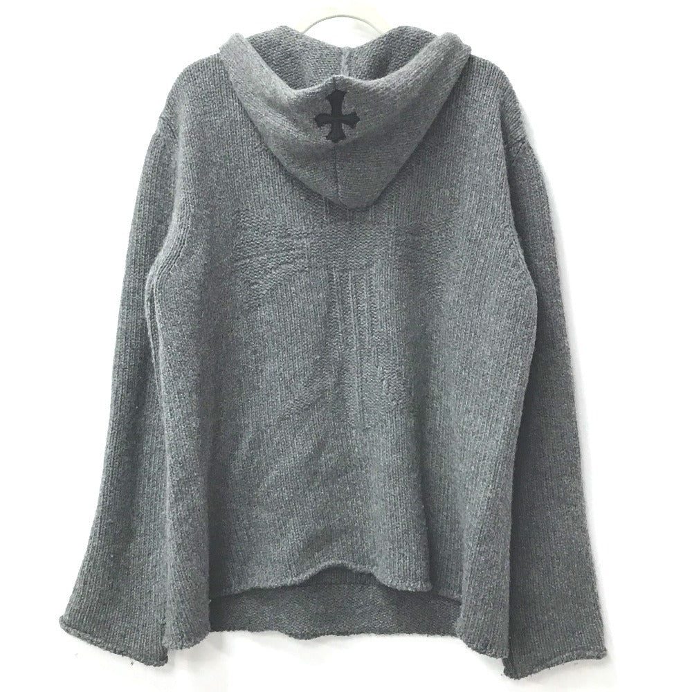 CHROME HEARTS Men's Gray Cashmere Hoodie with Leather Patch, Tag, and Cross Stitch. Long Sleeve Knit.