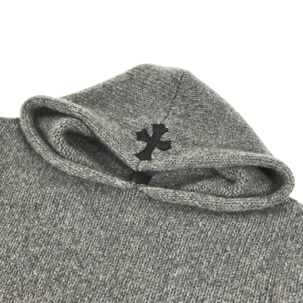 CHROME HEARTS Men's Gray Cashmere Hoodie with Leather Patch, Tag, and Cross Stitch. Long Sleeve Knit.
