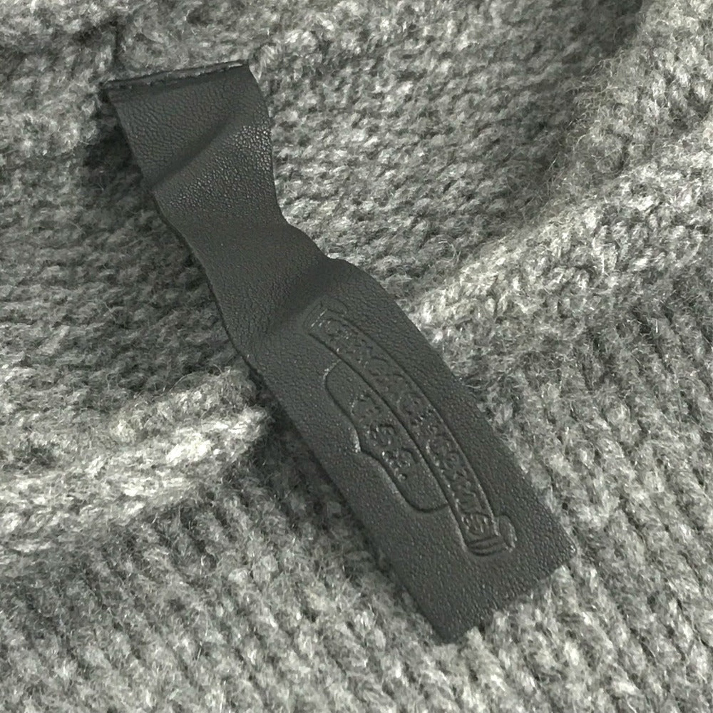 CHROME HEARTS Men's Gray Cashmere Hoodie with Leather Patch, Tag, and Cross Stitch. Long Sleeve Knit.