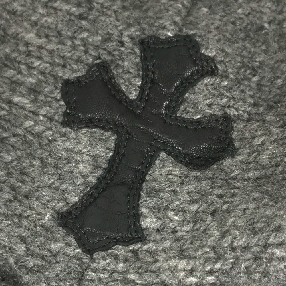 CHROME HEARTS Men's Gray Cashmere Hoodie with Leather Patch, Tag, and Cross Stitch. Long Sleeve Knit.