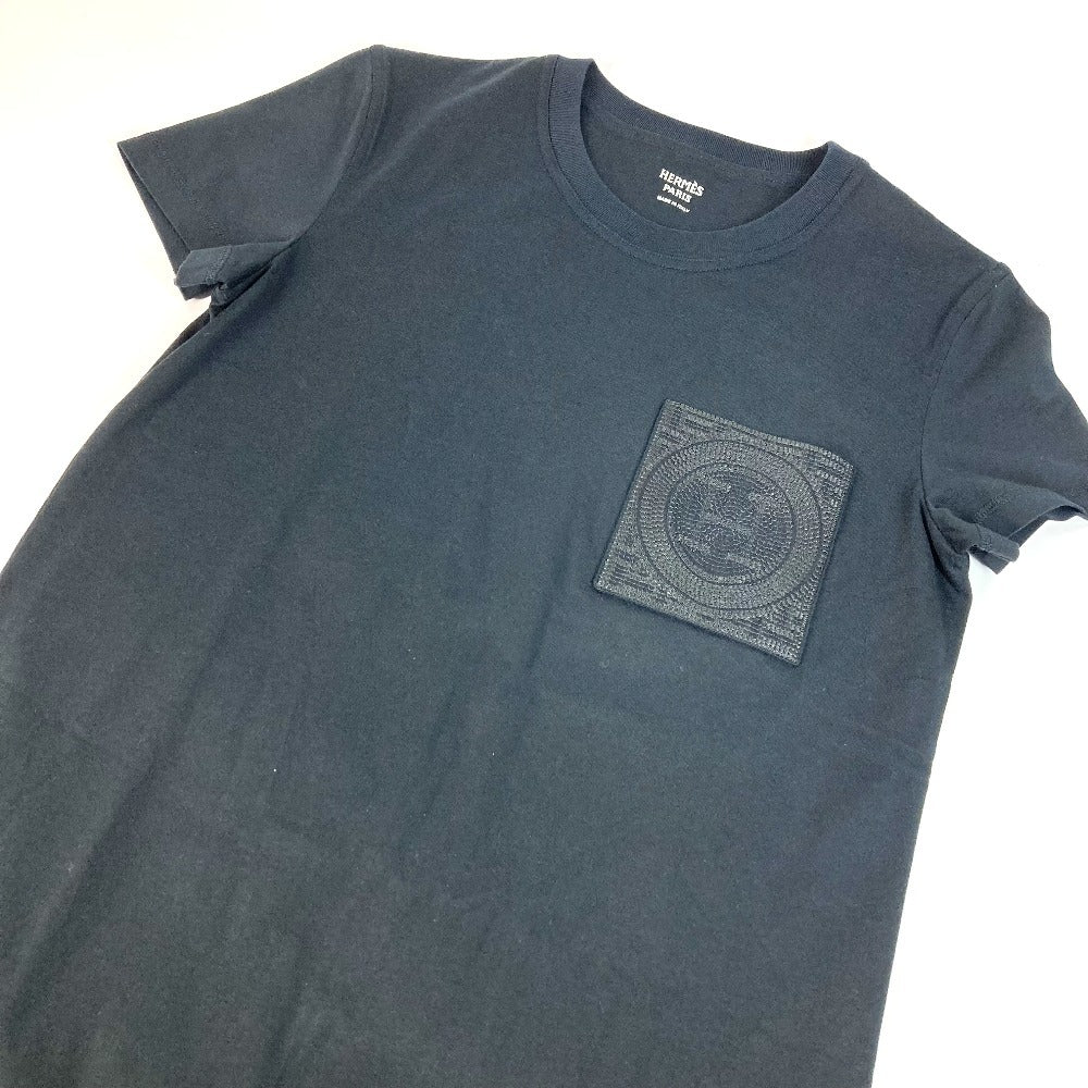HERMES 半袖 シャツワンピ 刺繍入り モザイク Hロゴ ポケット アパレル Tシャツワンピース ラウンドネック ワンピース コットン レディース ブラック