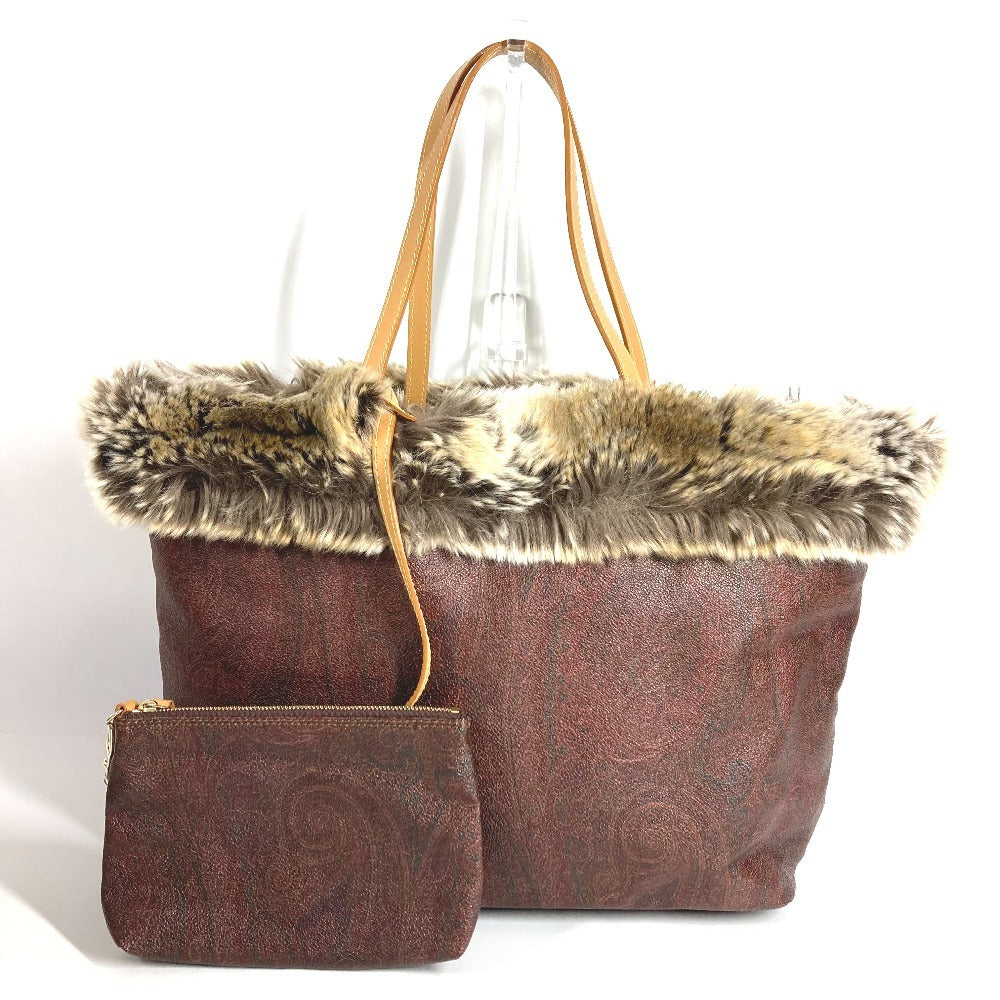 ETRO Paisley Logo Fur Tote Bag with Pouch, PVC/Leather Shoulder Bag, Brown, Women's