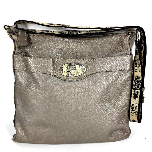 FENDI 8BT109 Selleria Logo Crossbody Shoulder Bag in Silver-Gray Leather, Unisex