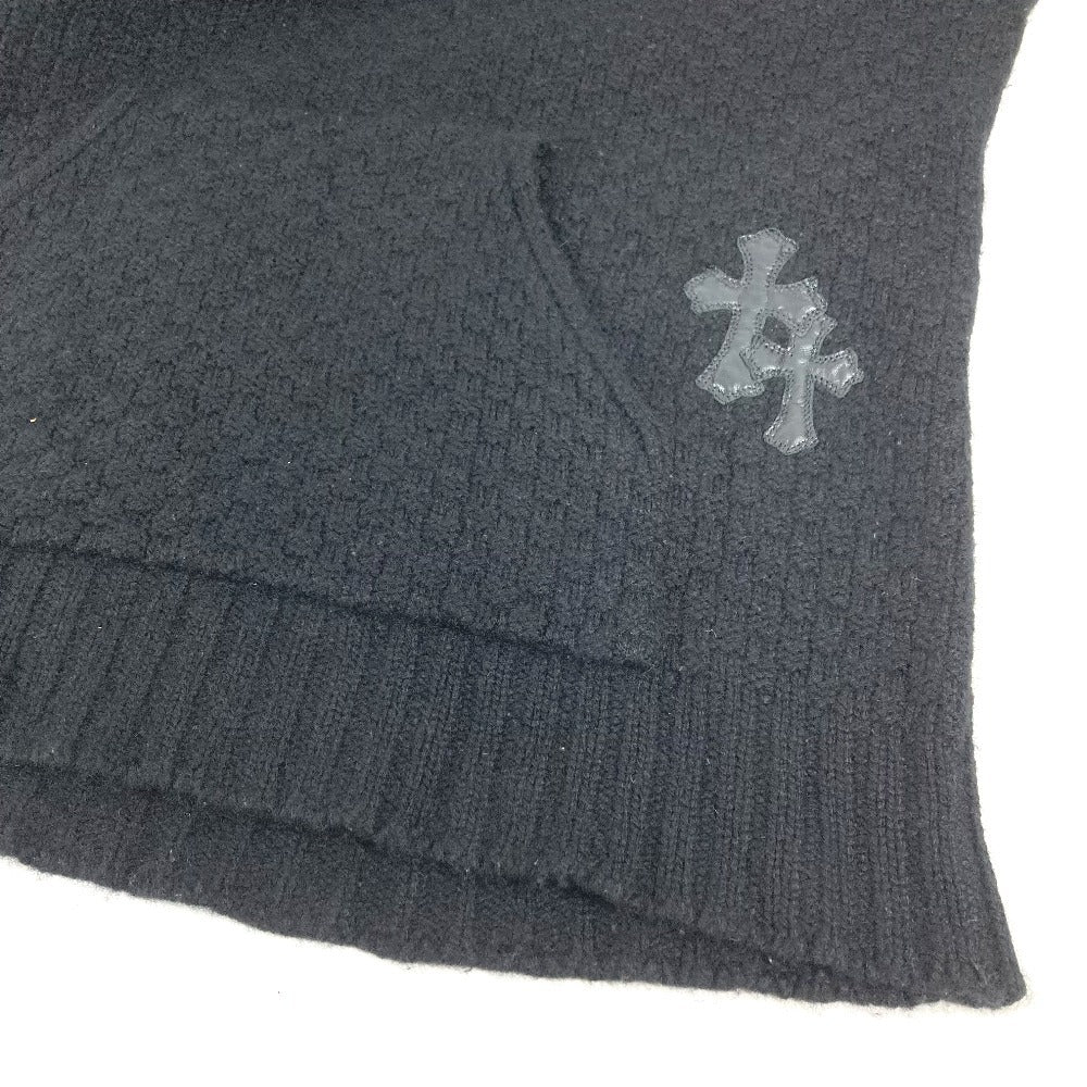 CHROME HEARTS Men's Black Long Sleeve Hoodie with Cross Patch and Leather Tag, Cashmere Knit