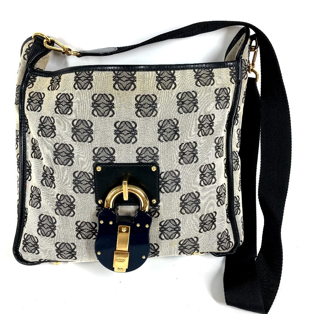 LOEWE Vintage Padlock Logo Crossbody Shoulder Bag in Leather/Canvas, Unisex, Black