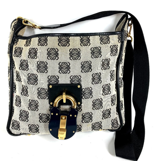 LOEWE Vintage Padlock Logo Crossbody Shoulder Bag in Leather/Canvas, Unisex, Black