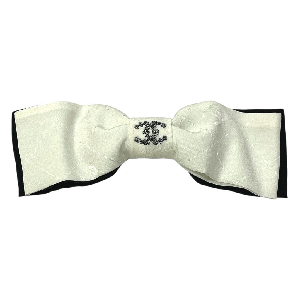 CHANEL 25P CC Coco Mark Logo Ribbon Two-Tone Hair Accessory Hair Clip Barrette Silk Women's White