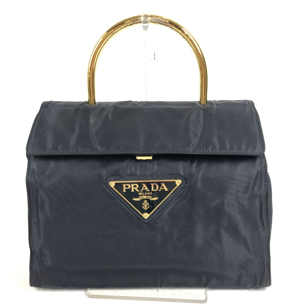 PRADA ビッグロゴ トライアングルロゴ 三角ロゴ プレート カバン メタルハンドル トートバッグ フラップ ハンドバッグ ナイロン ユニセックス ネイビー