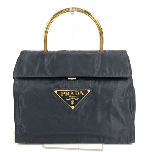PRADA ビッグロゴ トライアングルロゴ 三角ロゴ プレート カバン メタルハンドル トートバッグ フラップ ハンドバッグ ナイロン ユニセックス ネイビー