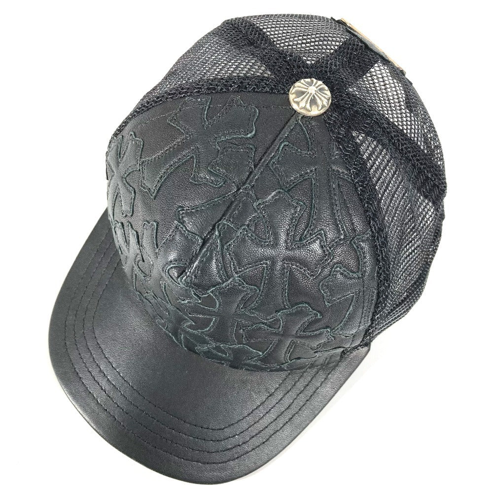 CHROME HEARTS Cemetary Cross Leather Patch Trucker Cap セメタリークロス レザーパッチ 革 帽子 キャップ帽 ベースボール メッシュ キャップ レザー ユニセックス ブラック