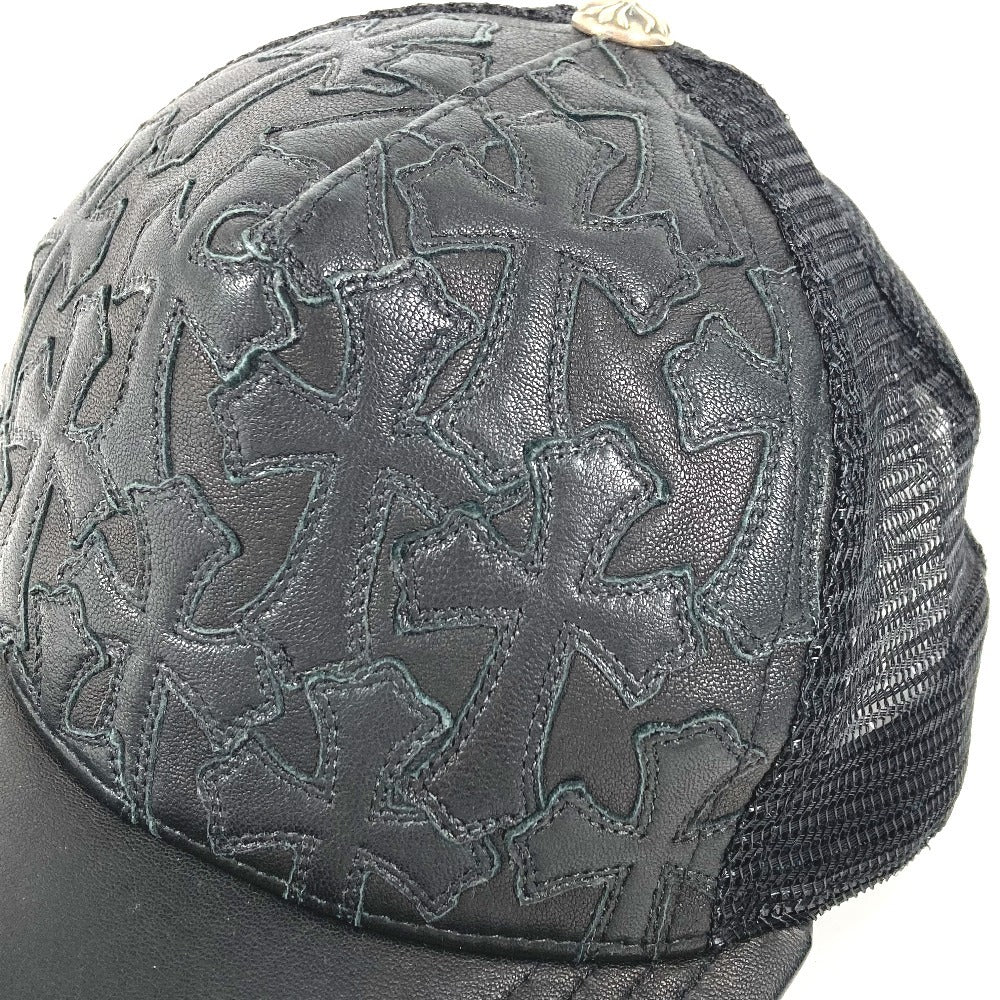 CHROME HEARTS Cemetary Cross Leather Patch Trucker Cap セメタリークロス レザーパッチ 革 帽子 キャップ帽 ベースボール メッシュ キャップ レザー ユニセックス ブラック