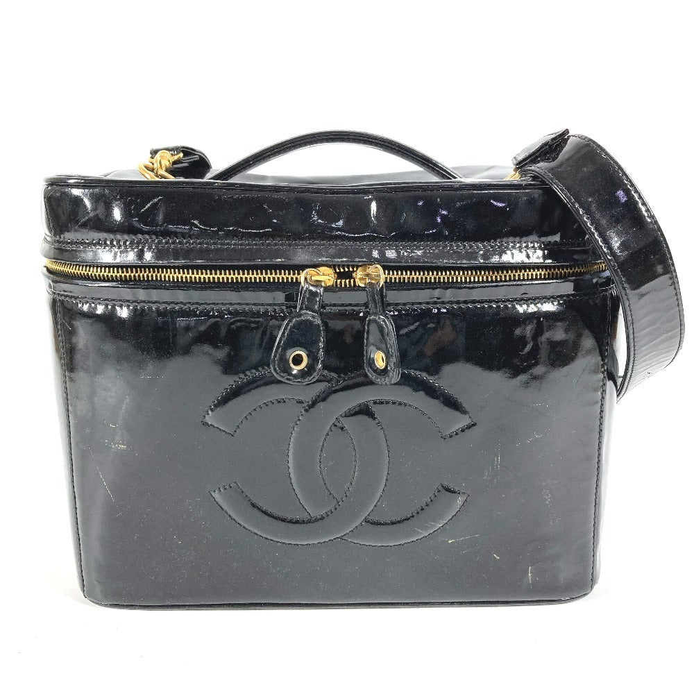 CHANEL ヴィンテージ CC ココマーク ロゴ バニティバッグ 肩掛け ショルダーバッグ 2WAYバッグ ハンドバッグ パテントレザー ユニセックス ブラック