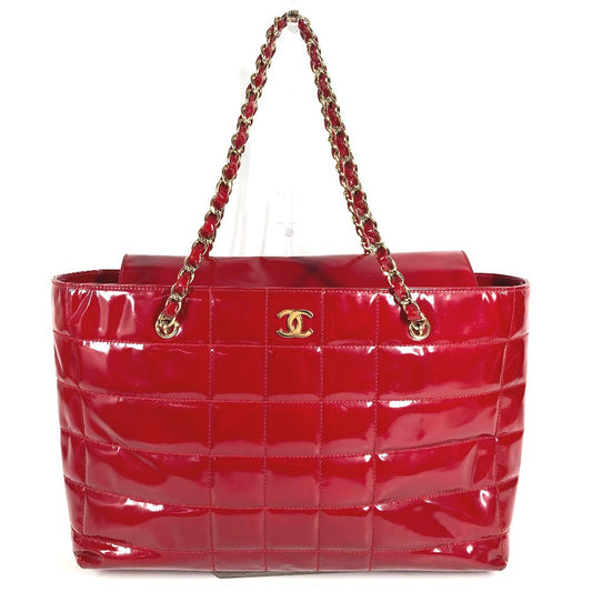 CHANEL CC ココマーク ロゴ チョコバー カバン 肩掛け トートバッグ Wチェーン ショルダーバッグ エナメル レディース レッド