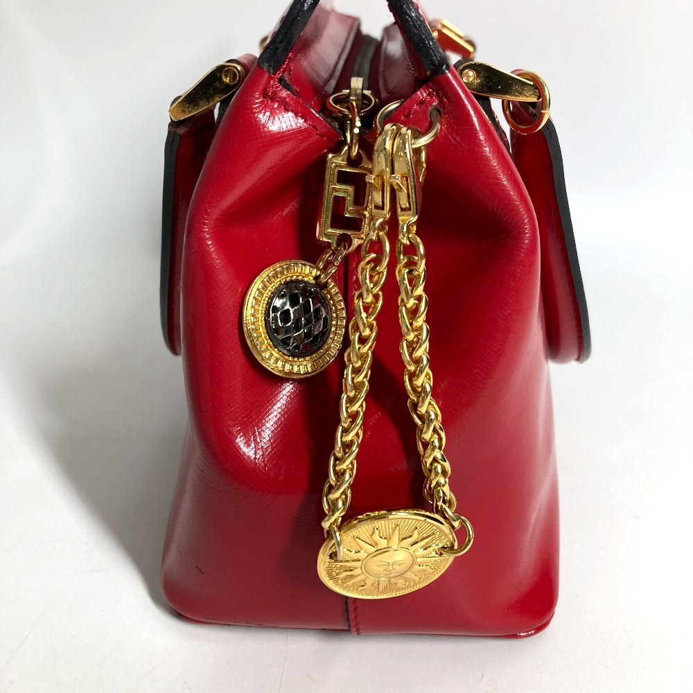 VERSACE vintage Sunburst logo Bag, Tote Bag, Chain Charm, Key Holder Included Hand Bag Leather Red Used