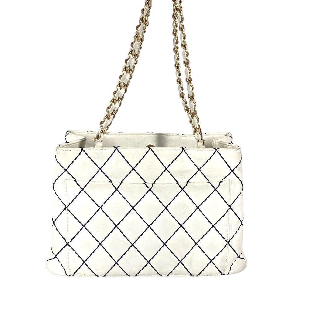 CHANEL Wild stitch CC CC Mark logo Bag Tote Bag Chain Bag Double Chain Shoulder Bag Leather White/Navy Used