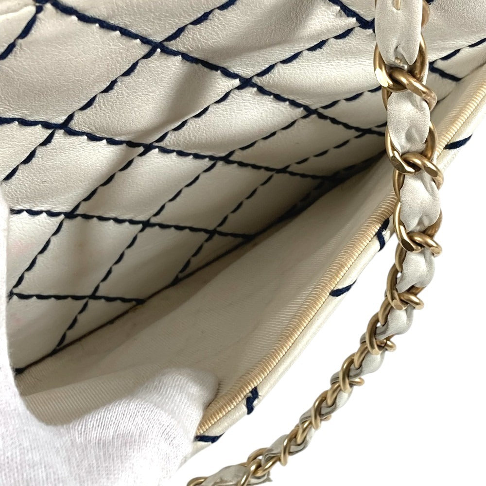 CHANEL Wild stitch CC CC Mark logo Bag Tote Bag Chain Bag Double Chain Shoulder Bag Leather White/Navy Used