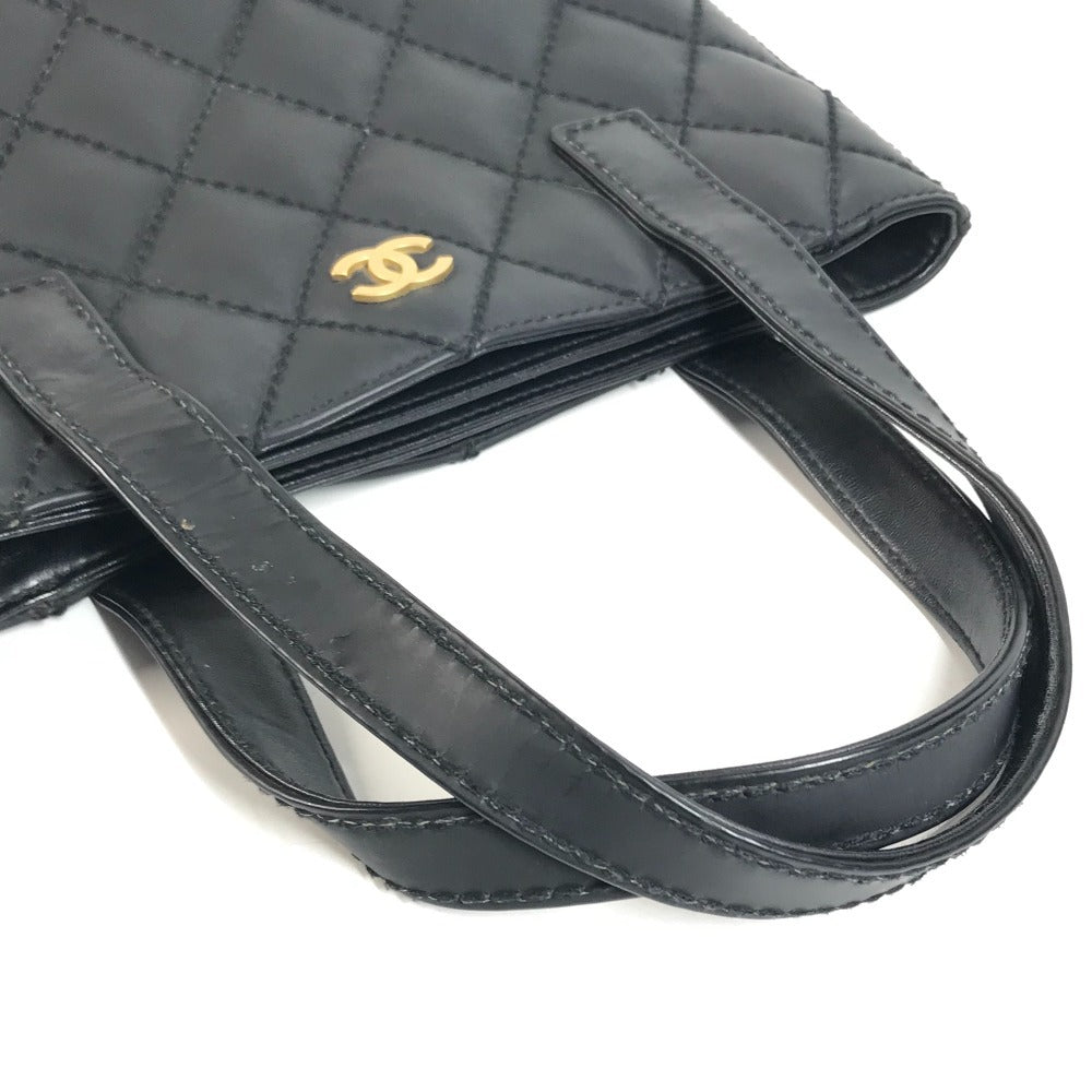 CHANEL Shoulder CC Mark Logo Wild Stitch Logo Hand Bag Tote Bag Leather Black/Gold Used