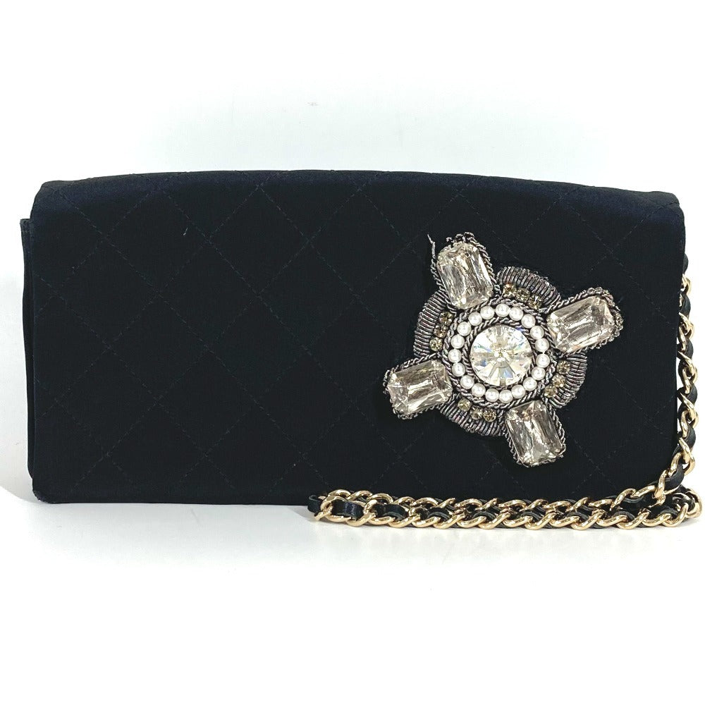CHANEL Party bag Logo Faux Pearl Rhinestone Bijoux Flap Chain Bag Handbag Shoulder Bag Shoulder Bag Satin Black Used