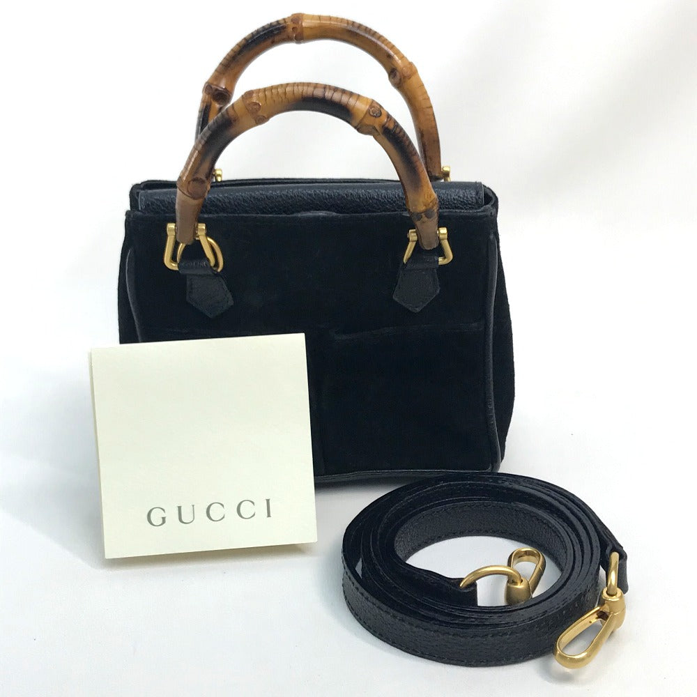 GUCCI Bamboo Pochette Bag, 2-Way Handbag/Shoulder Bag, Suede/Leather, Women's, Black/Brown