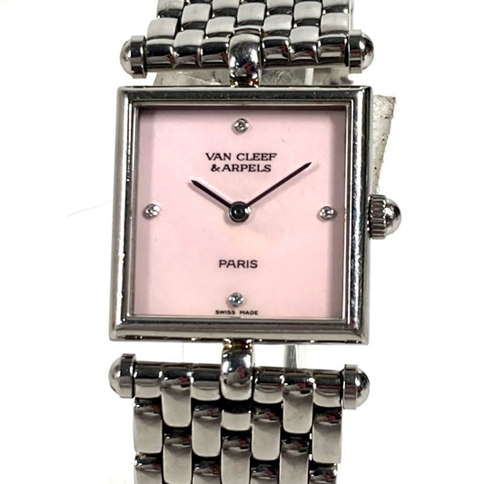 Van Cleef &amp; Arpels 522642 Pink Shell Classic Carre Square Watch with 4 Diamonds, Stainless Steel, Women's, Pink