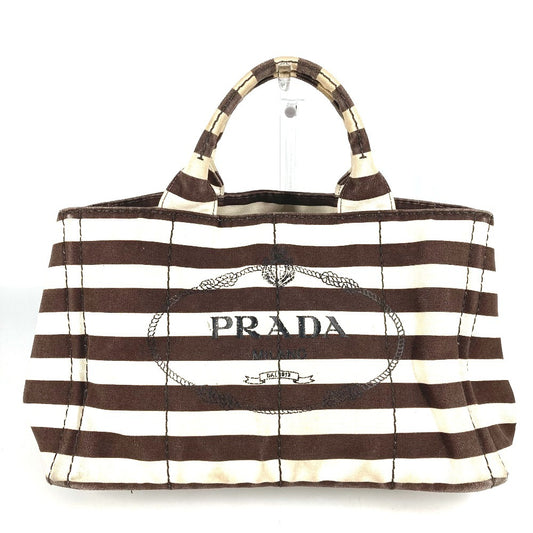 PRADA カナパ ロゴ ボーダー カバン トートバッグ ハンドバッグ キャンバス レディース ブラウン