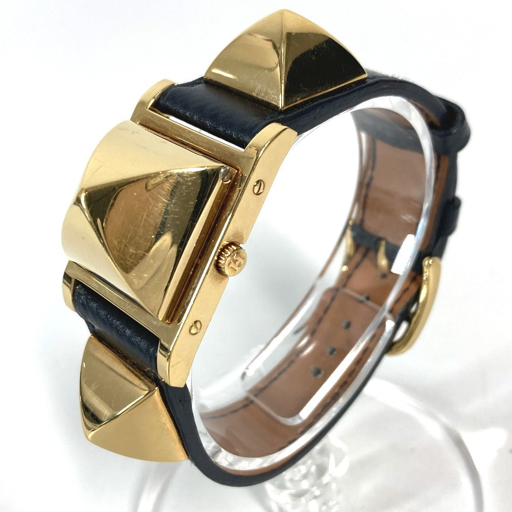 HERMES Medor Quartz Bracelet Watch, Leather, Unisex, Black