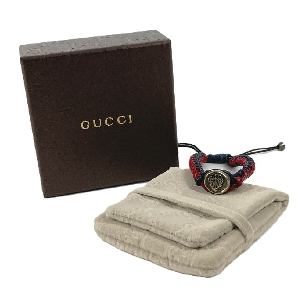 GUCCI 革ブレス ロゴ クレスト アクセサリー ジュエリー 編み込みレザー ブレスレット レザー ユニセックス ネイビー