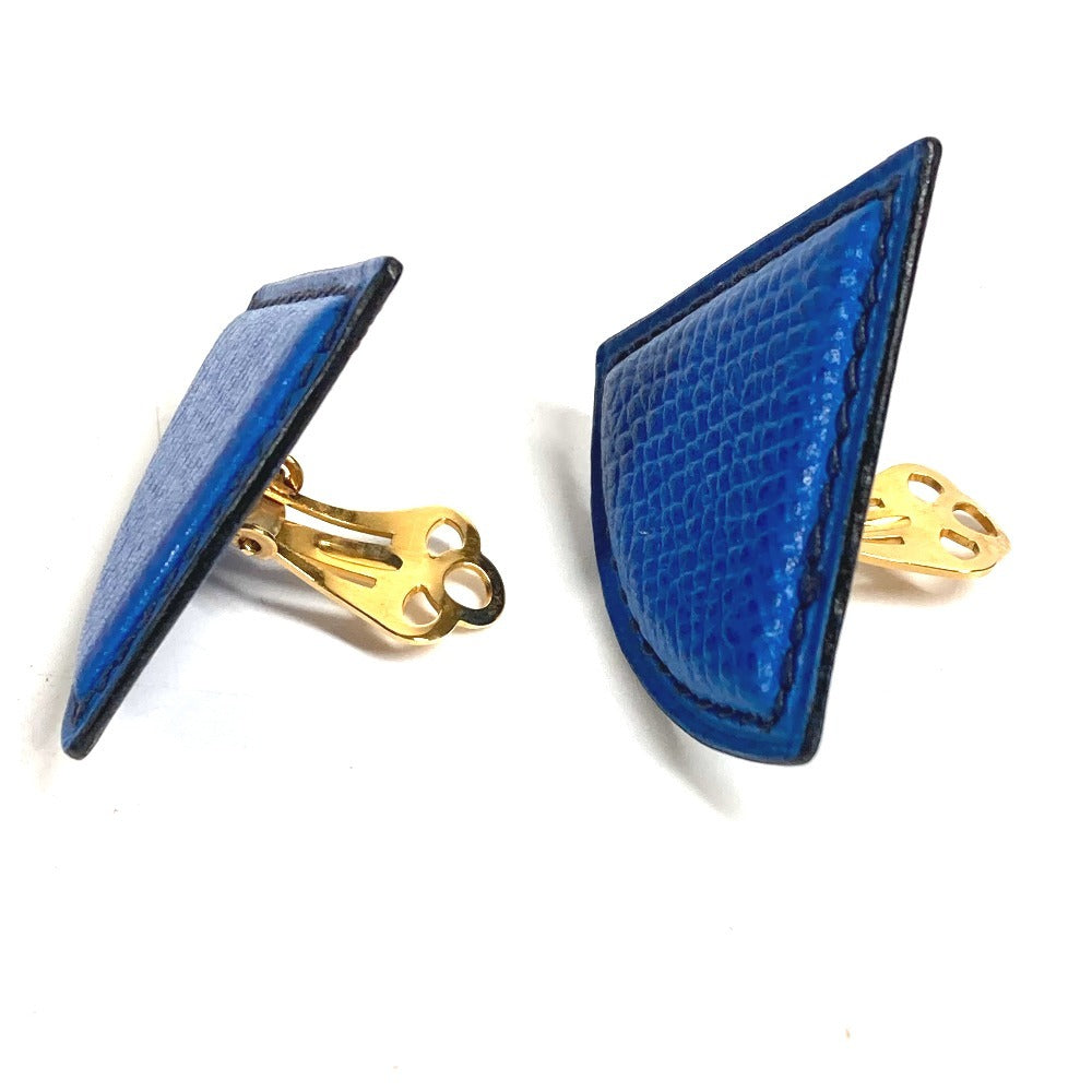 HERMES Triangle Logo Accessory Jewelry Earrings Leather Unisex Blue