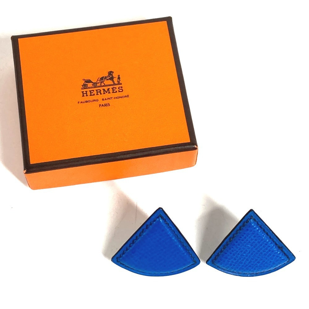 HERMES Triangle Logo Accessory Jewelry Earrings Leather Unisex Blue