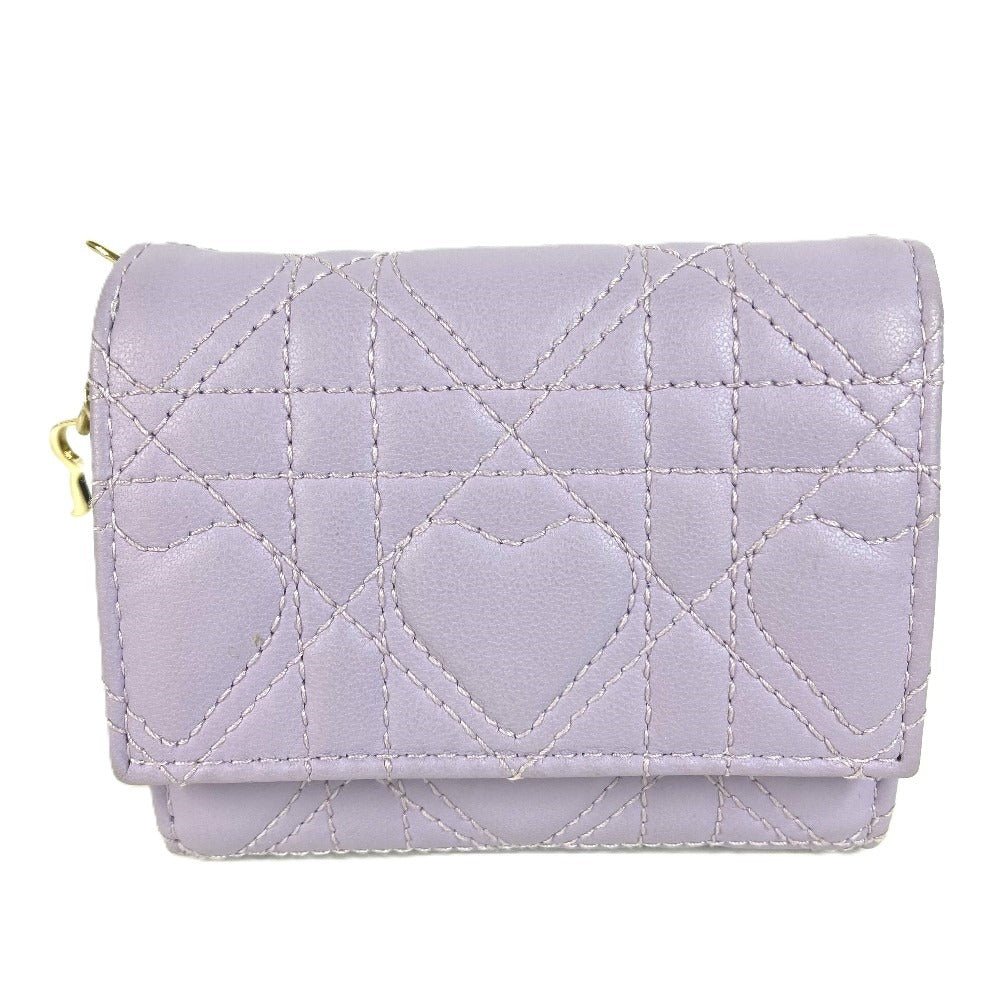 Dior Lady Dior กระเป๋าสตางค์ Lotus Wallet รุ่นลิมิเต็ดอิดิชั่นของญี่ปุ่น, กระเป๋าสตางค์แบบพับ 3 ทบ Heart Cannage หนังแกะสำหรับผู้หญิง สีม่วงไลแลค