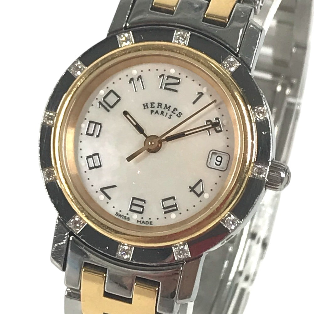 HERMES CL4.222 12P Diamond Butterfly Buckle Combination Clipper Nacre Quartz Date Watch Round Face Two-tone Wristwatch Gold Plated / SS Silver/Gold Used