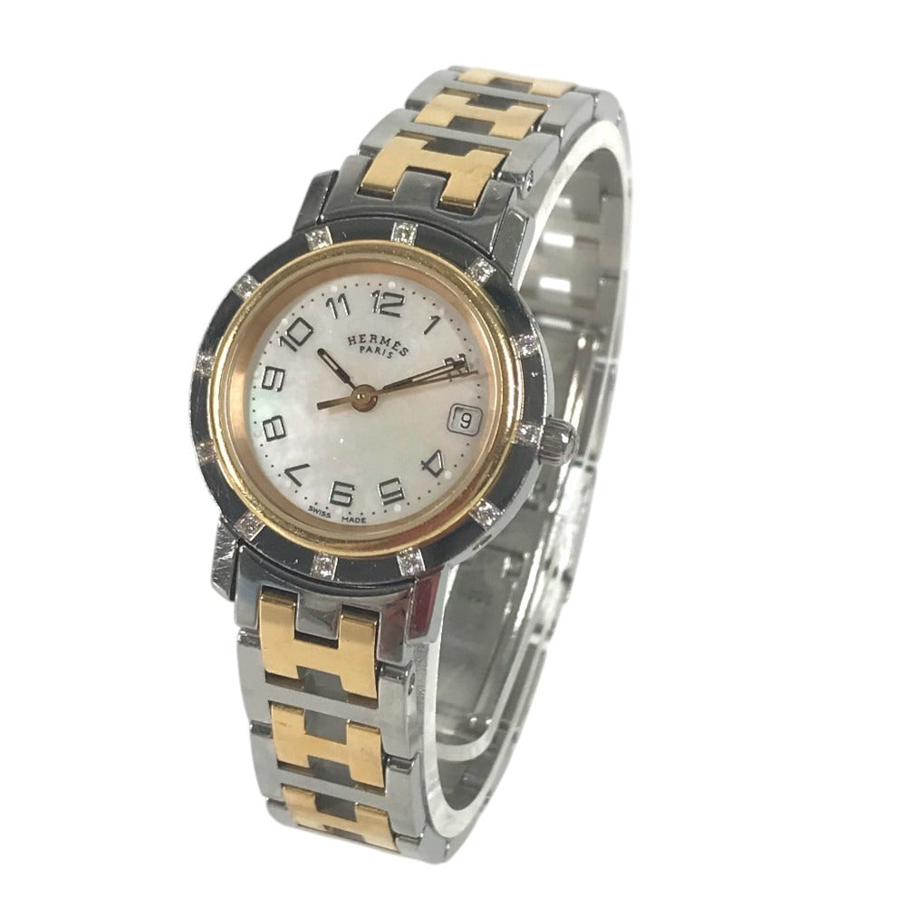 HERMES CL4.222 12P Diamond Butterfly Buckle Combination Clipper Nacre Quartz Date Watch Round Face Two-tone Wristwatch Gold Plated / SS Silver/Gold Used