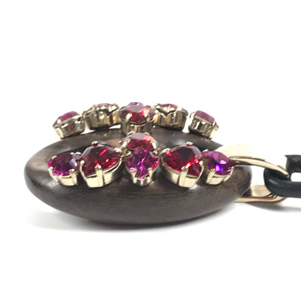 GUCCI 不明 Rhinestone Heart GG Logo Marina Long Necklace Accessory Necklace Leather / Wood Brown/Pink x Black Used