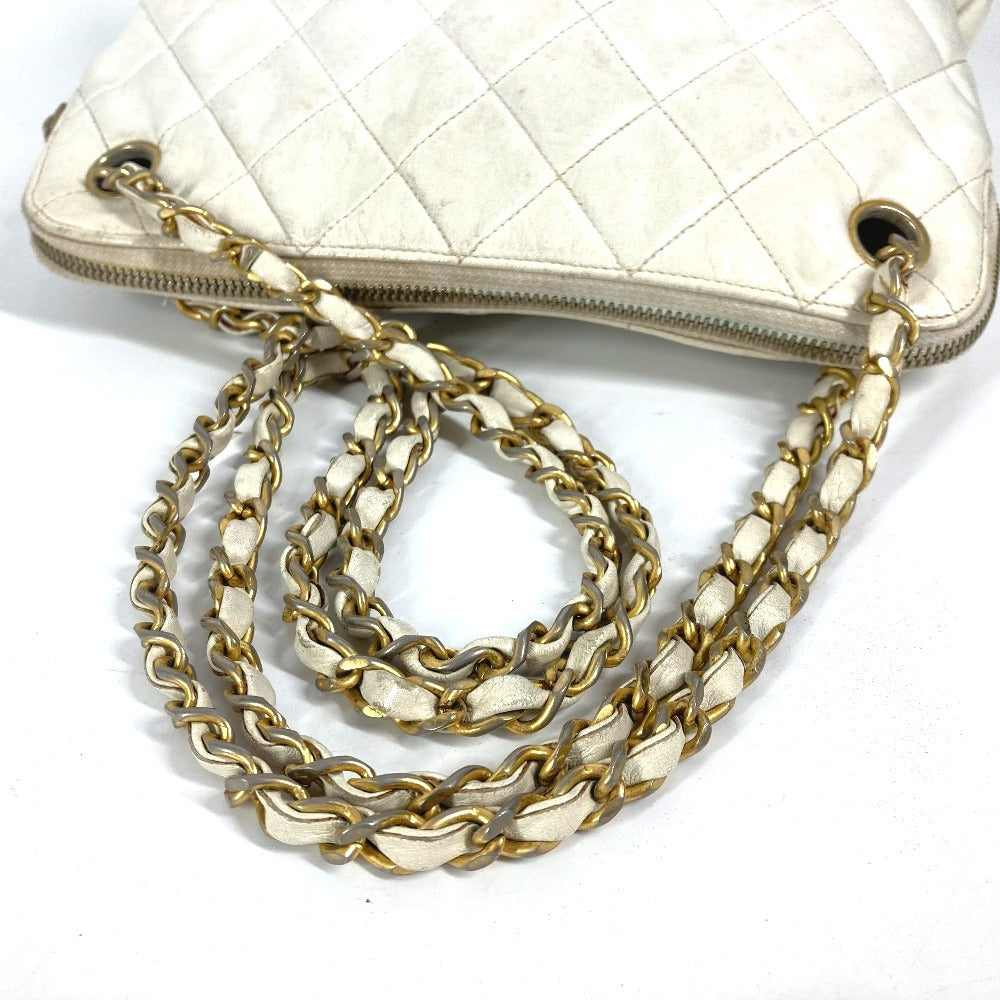 CHANEL ヴィンテージ マトラッセ キルティング ロゴ ロゴ Wチェーンバッグ 肩掛け ショルダーバッグ レザー レディース ホワイト
