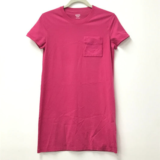 HERMES 刺繍入れ モザイク Hロゴ ポケット アパレル Tシャツワンピース ラウンドネック ワンピース コットン レディース ピンク