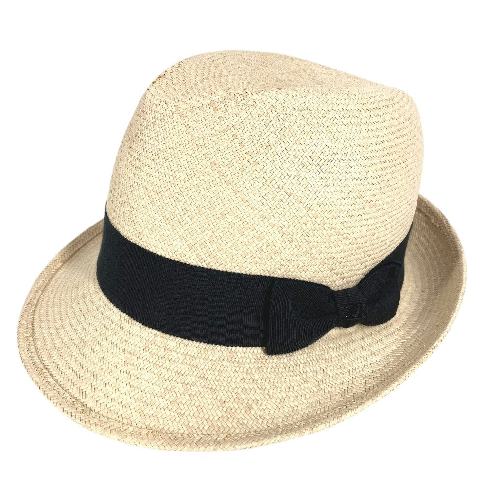 CHANEL 17C CC Coco Mark Logo Straw Hat Ribbon Bow Hat Bucket Hat Bob Hat Raffia Women's Beige
