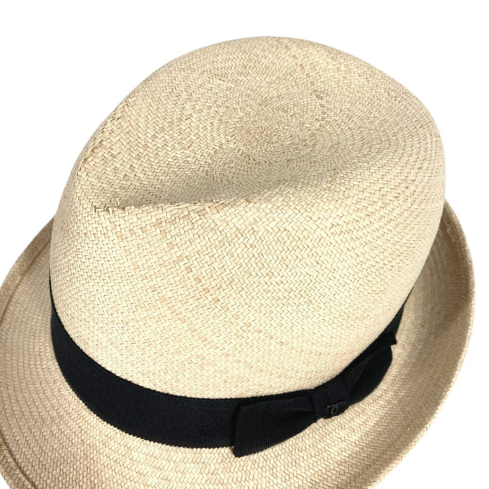 CHANEL 17C CC Coco Mark Logo Straw Hat Ribbon Bow Hat Bucket Hat Bob Hat Raffia Women's Beige
