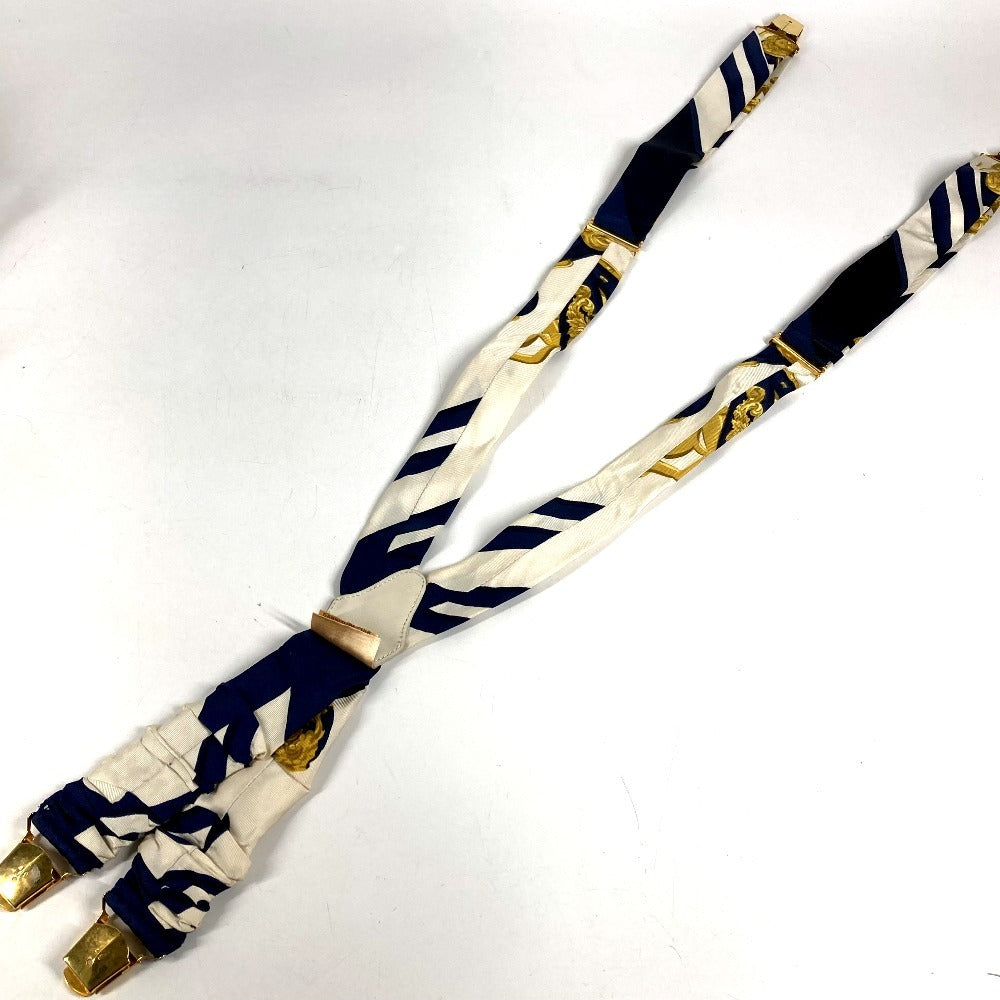 HERMES vintage Logo Apparel, Fashion Accessories suspenders silk / Leather Navy/White Used