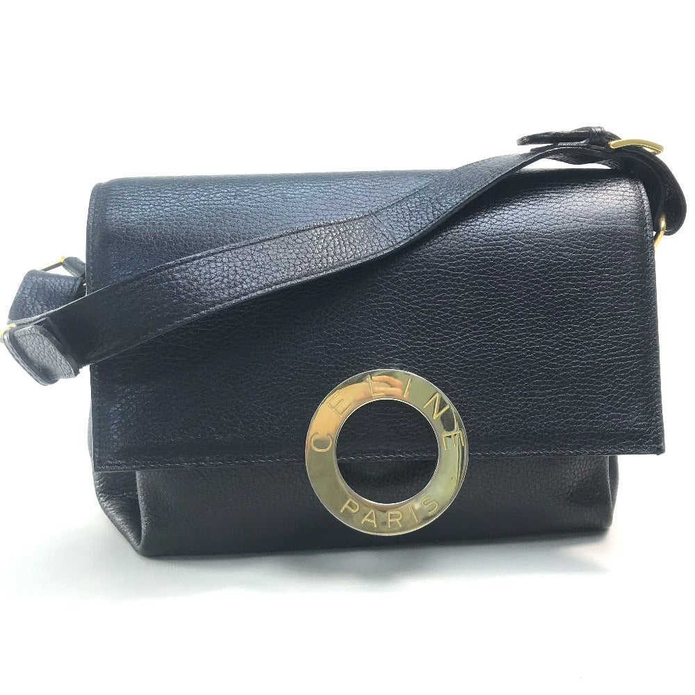 CELINE ヴィンテージ サークルロゴ カバン ワンショルダーバッグ ハンドバッグ レザー レディース ブラック ブラック×ゴールド金具