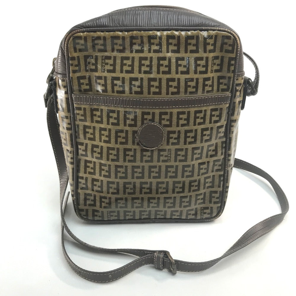Vintage FENDI Zucca FF logo bag, crossbody shoulder bag, vinyl/leather, beige/brown